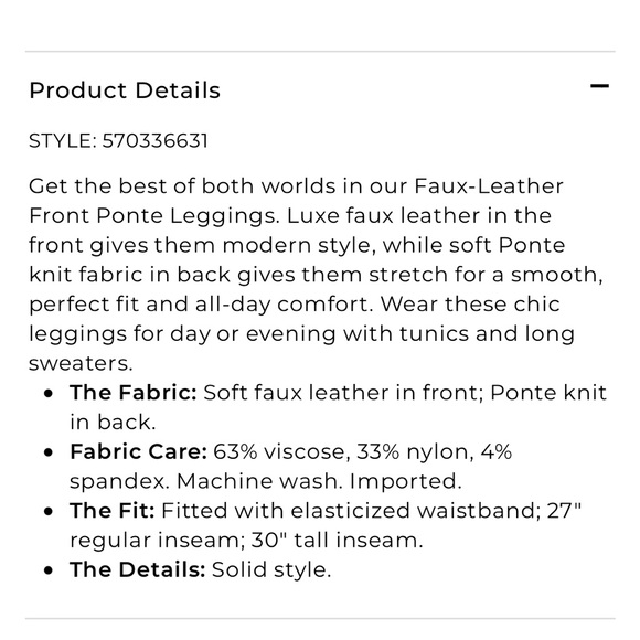 Chico’s Faux-Leather Front Ponte Navy BLUE Leggings NEW Sz 4 women - Picture 10 of 16